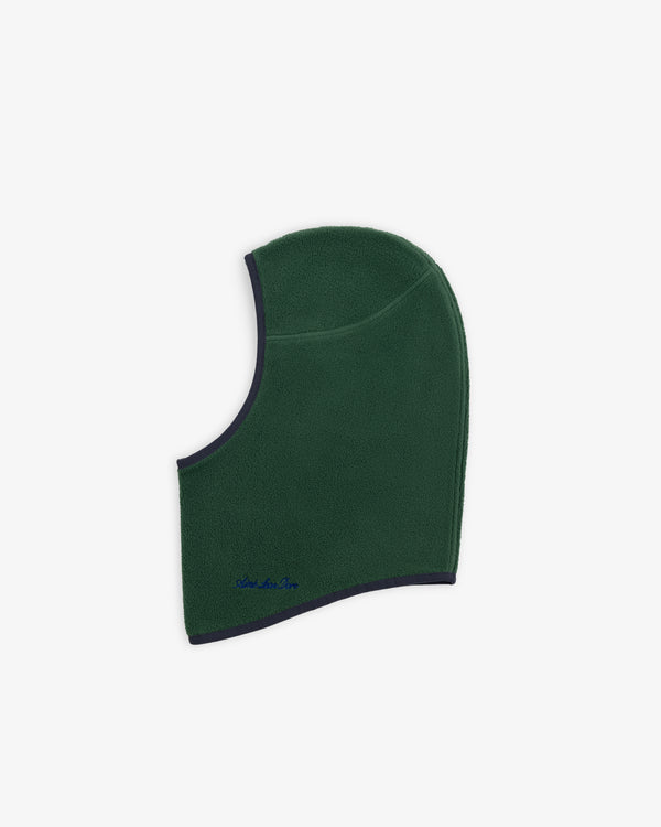 Green Fleece Balaclava with dark blue trim and embroidery at the bottom.