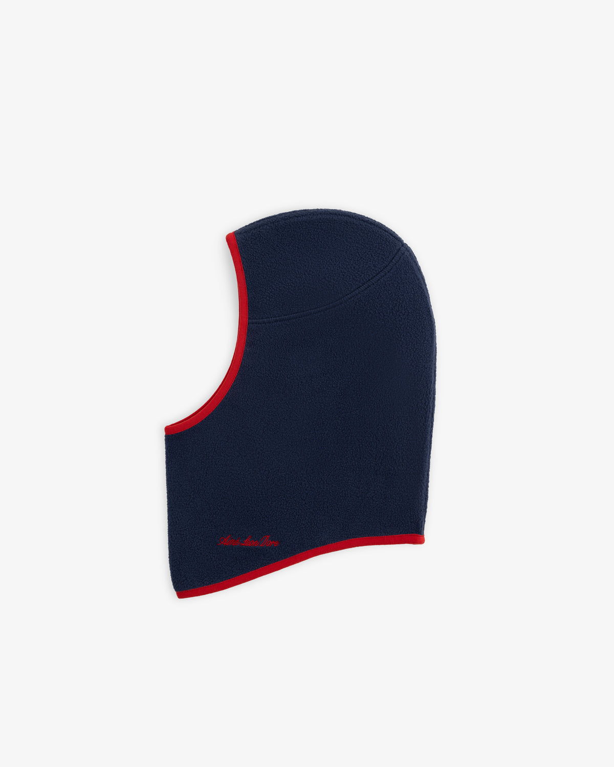 Navy blue Fleece Balaclava with red trim.