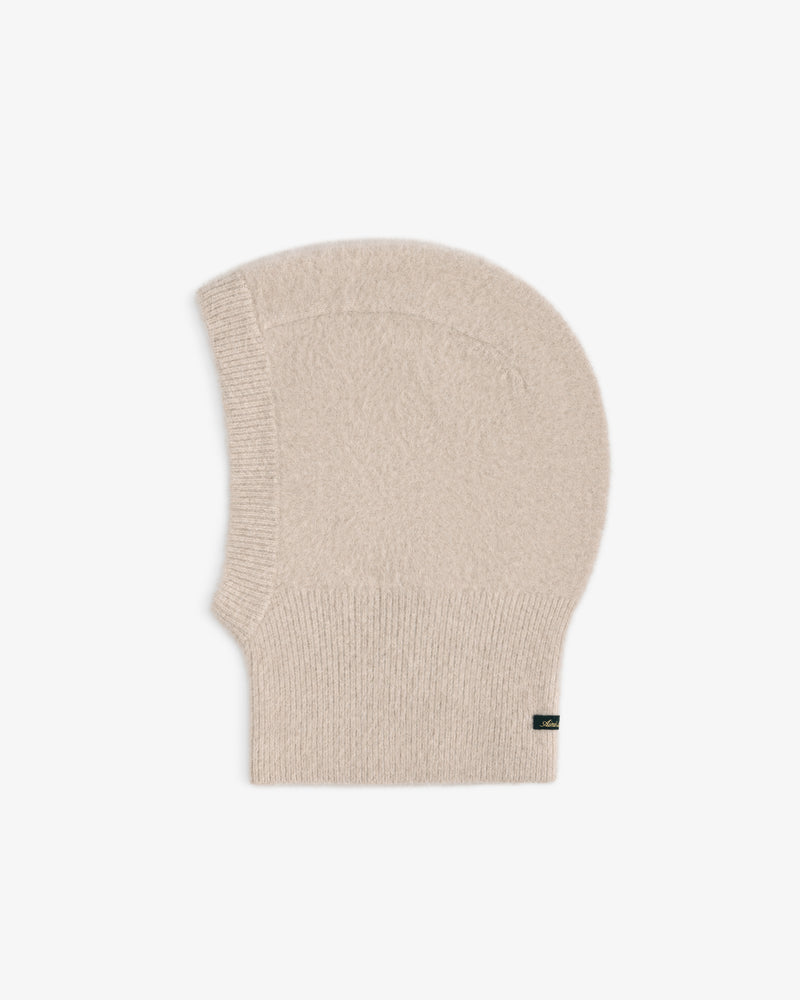 Beige knit Fox Fur Hood with a ribbed trim.