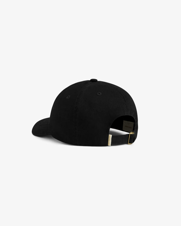 Stacked Logo Hat in black shown from the back with an adjustable metal buckle strap against a white background.