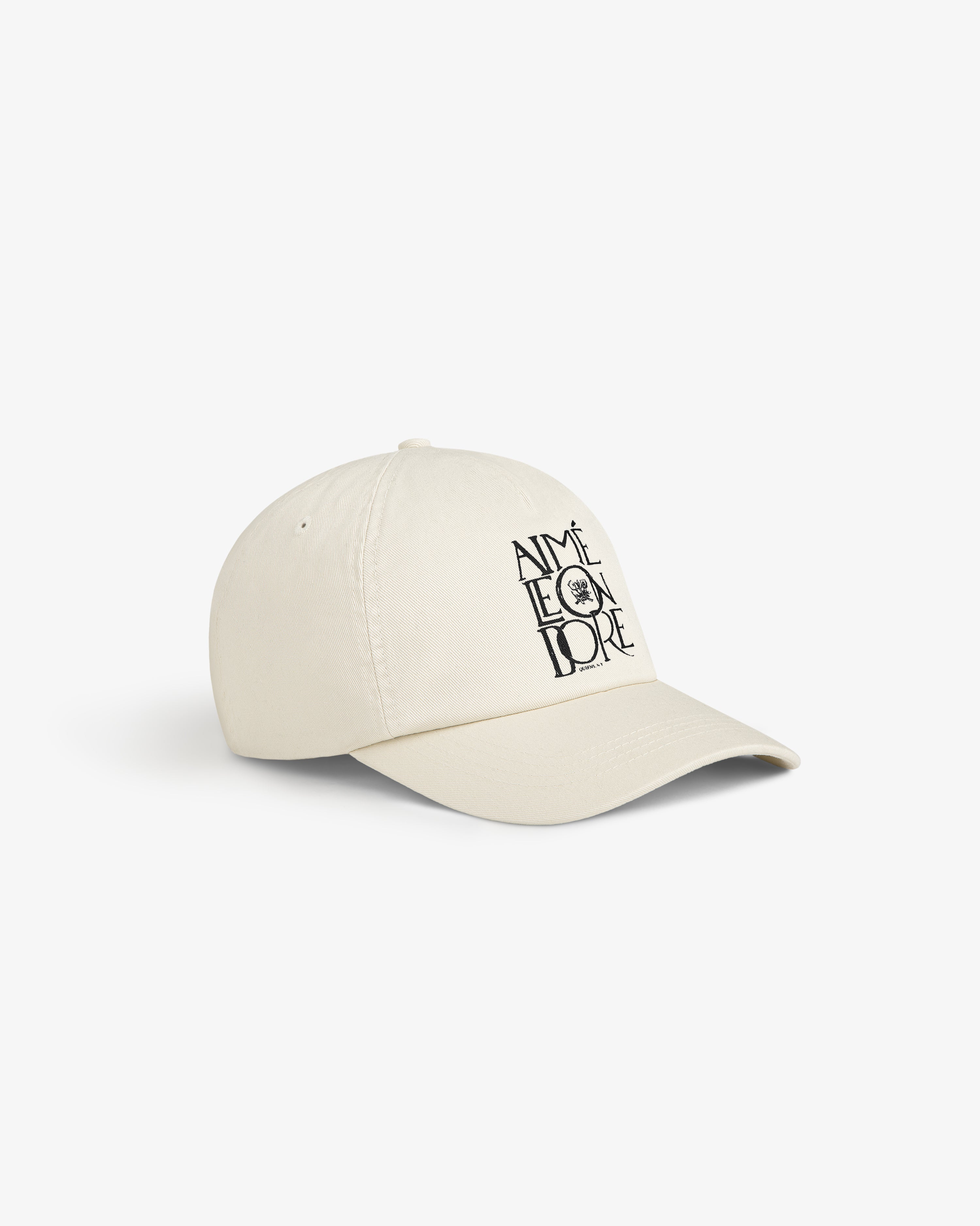 Cream Stacked Logo Hat with AIMÉ LEON DORE and small logo embroidered in black on the front.