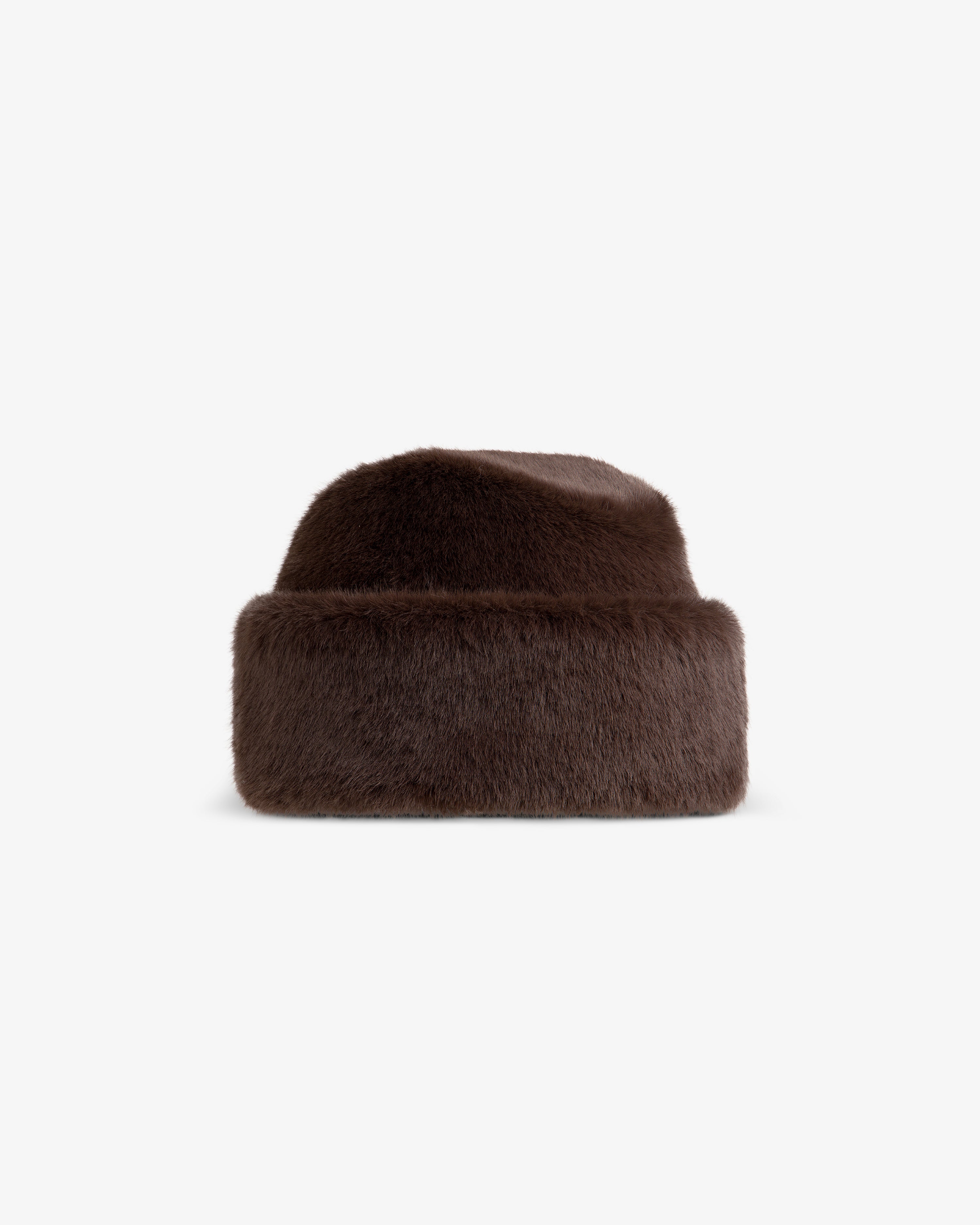Dark brown faux fur Fur Envoy pillbox hat.