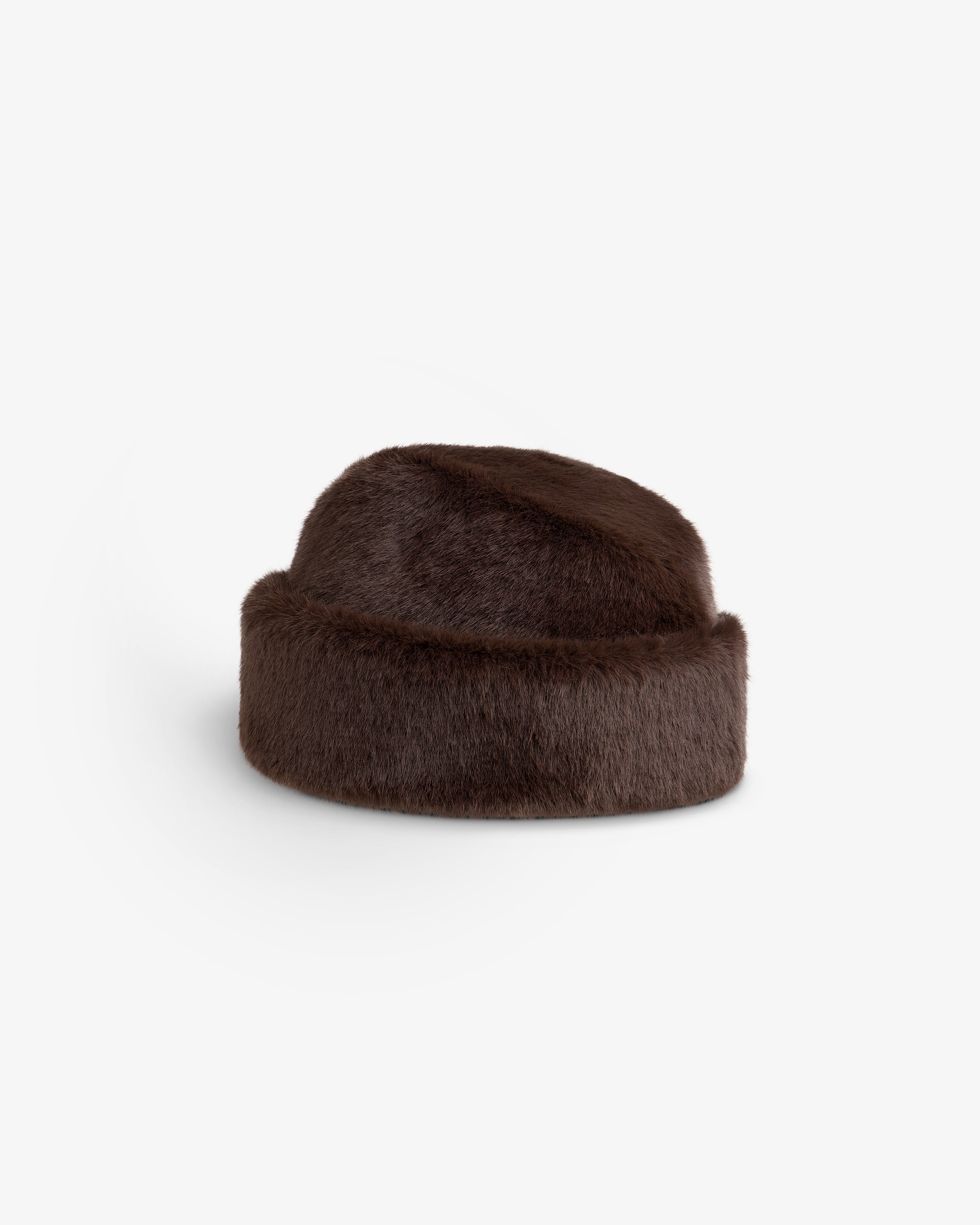 Fur Envoy Hat, a dark brown faux fur pillbox-style hat.