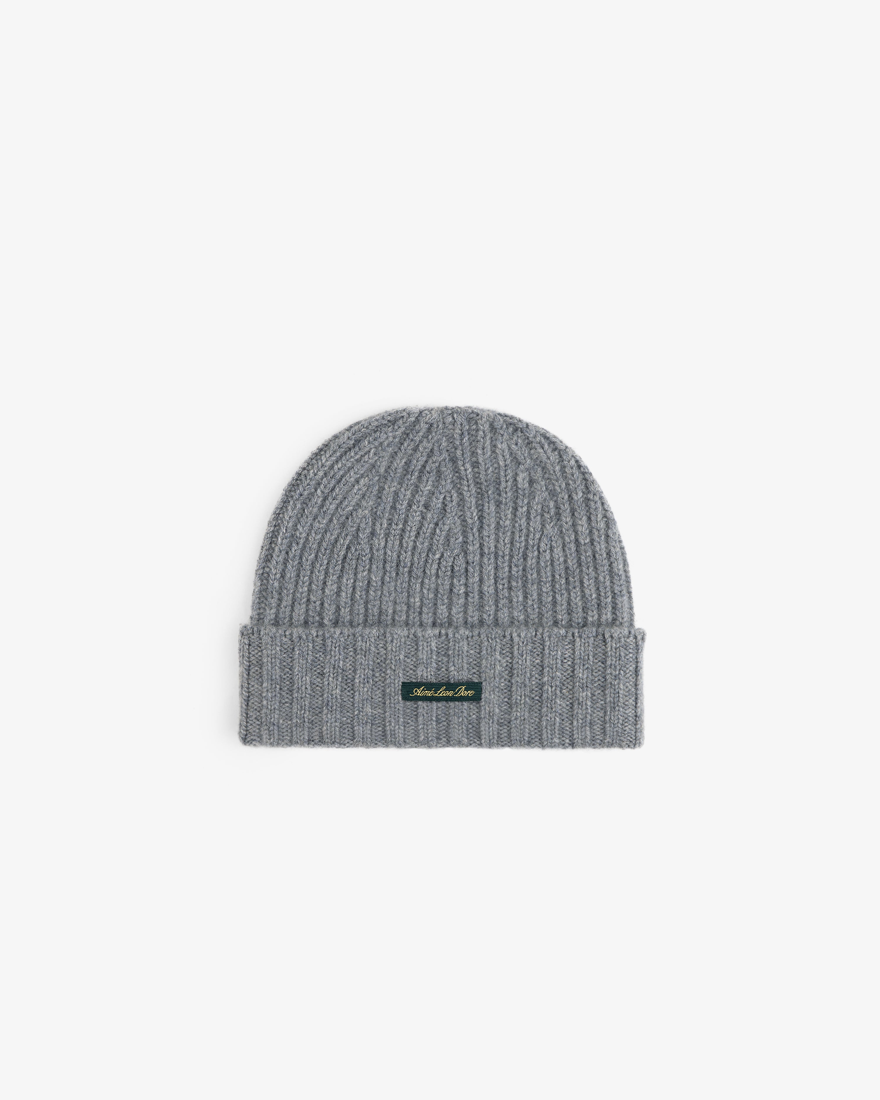 Grey ribbed Cashmere Beanie with a cuffed brim and a small rectangular logo tag.