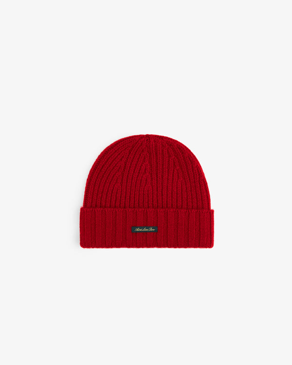Red ribbed-knit Cashmere Beanie with a folded cuff and a small rectangular brand tag.