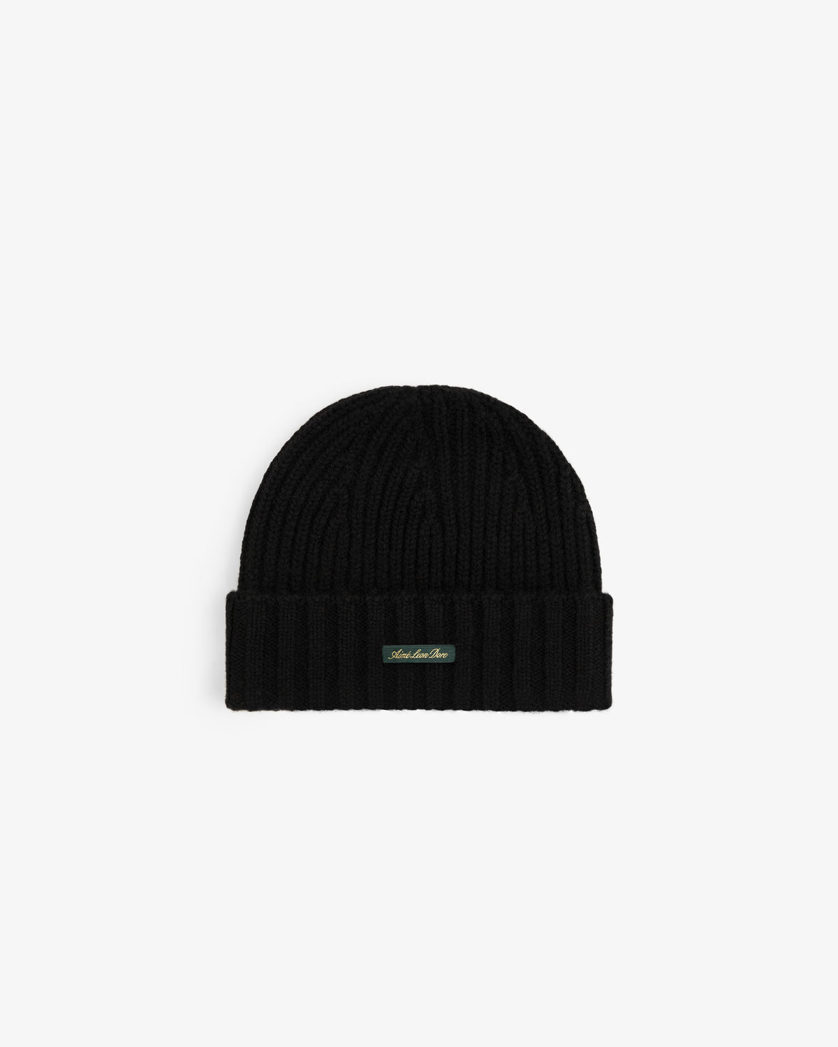 Black ribbed Cashmere Beanie with a small rectangular label on the cuff.