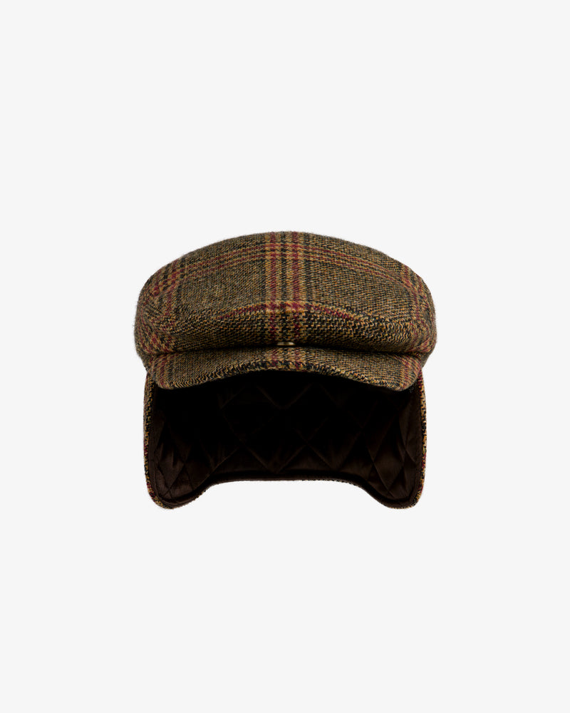 Brown Plaid Tweed Driver’s Hat with fold-down quilted earflaps.