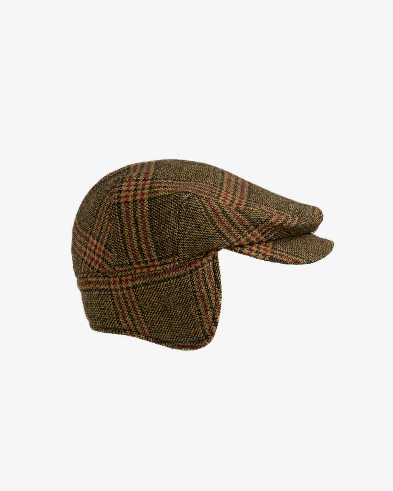 Brown plaid Tweed Driver’s Hat with ear flaps.