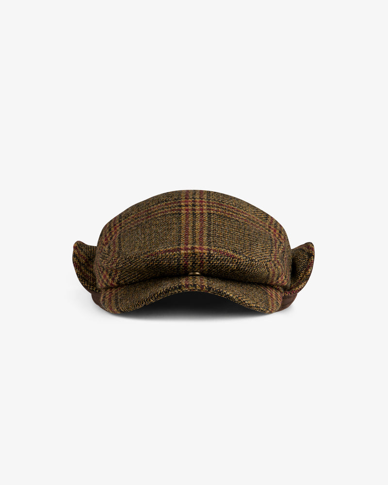 Plaid Tweed Driver’s Hat in brown with fold-down ear flaps.