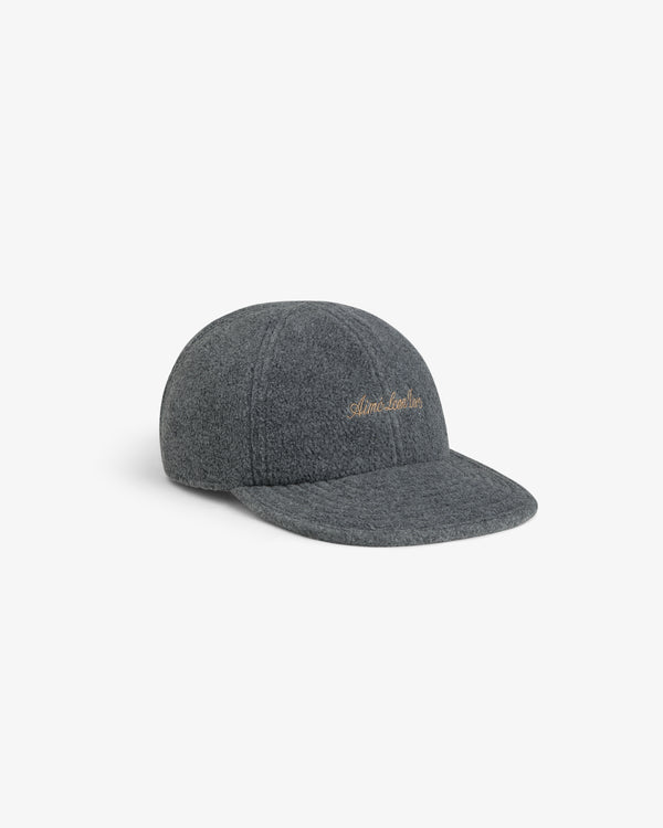 Script Fleece Hat: a grey fleece baseball cap with gold script embroidery on the front.