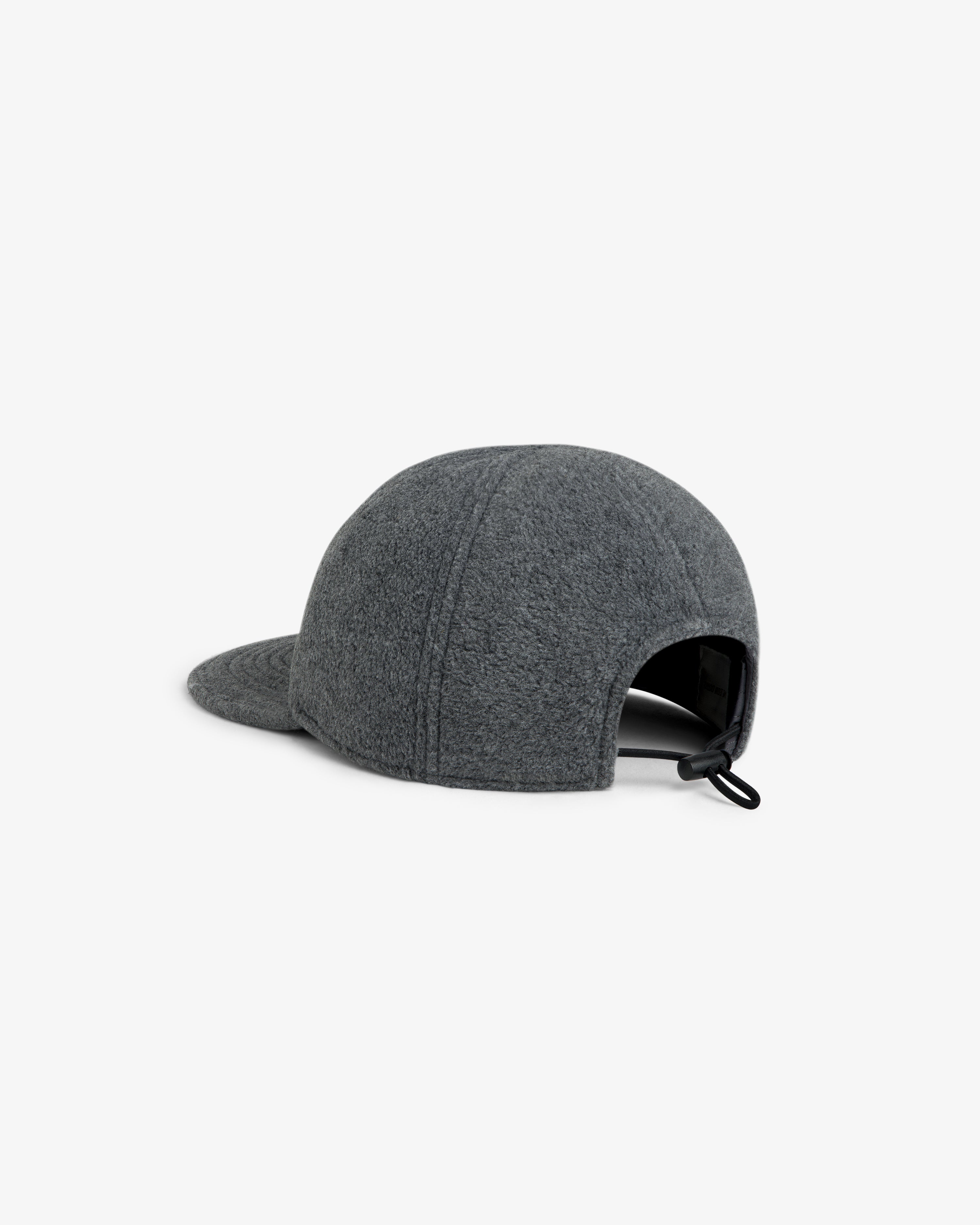 Grey Script Fleece Hat with an adjustable toggle closure at the back.