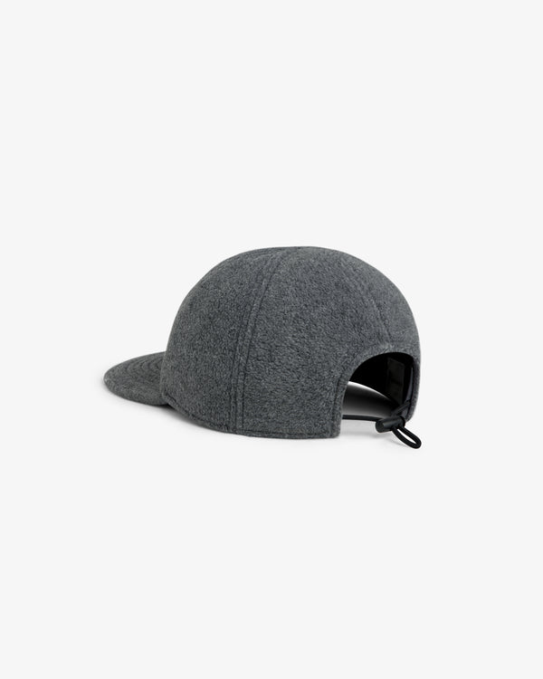 Grey Script Fleece Hat with an adjustable toggle closure at the back.
