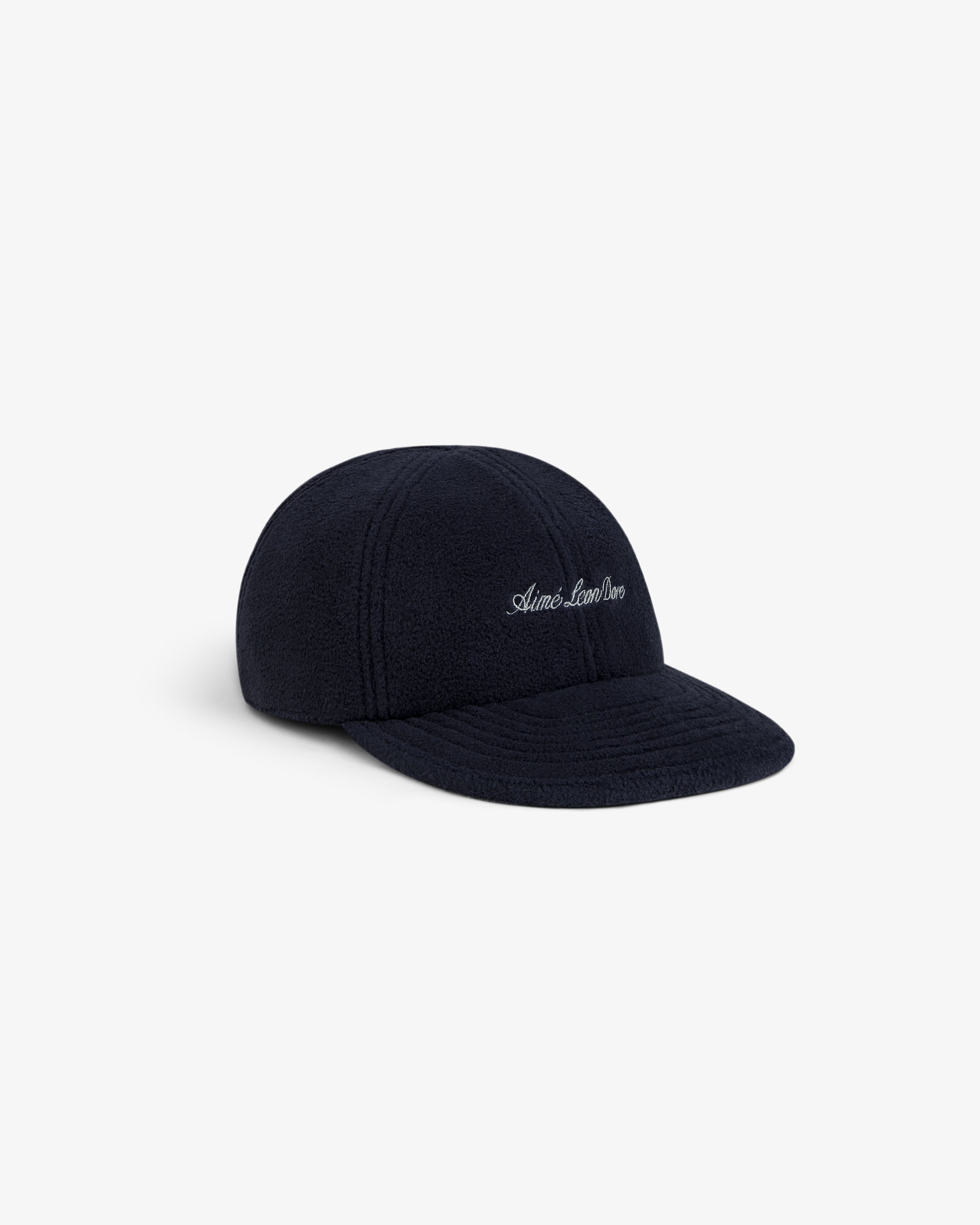 Navy blue Script Fleece Hat with white script embroidery on the front.