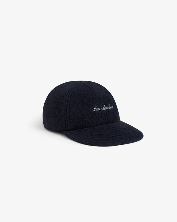 Navy blue Script Fleece Hat with white script embroidery on the front.