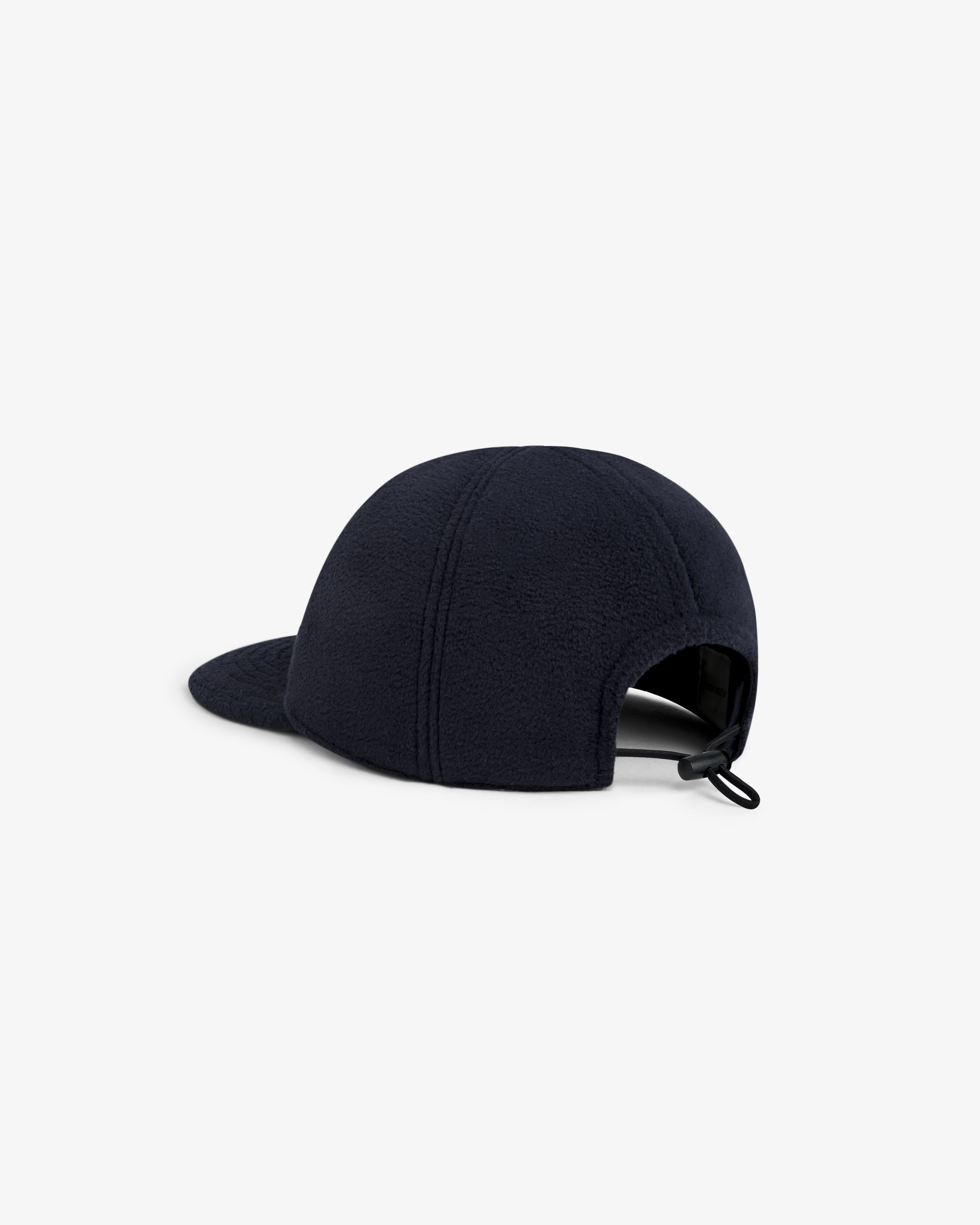 Dark navy blue Script Fleece Hat with a bungee cord adjustment at the back.