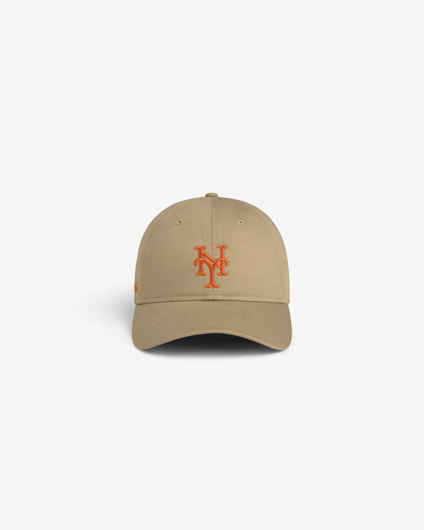 ALD / New Era Mets Ballpark Hat in tan with orange NY logo, shown against a white background.
