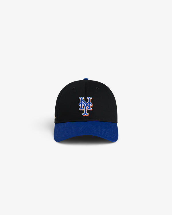 ALD / New Era Mets Ballpark Hat: black cap, blue brim, orange/blue NY logo, shown on white background.