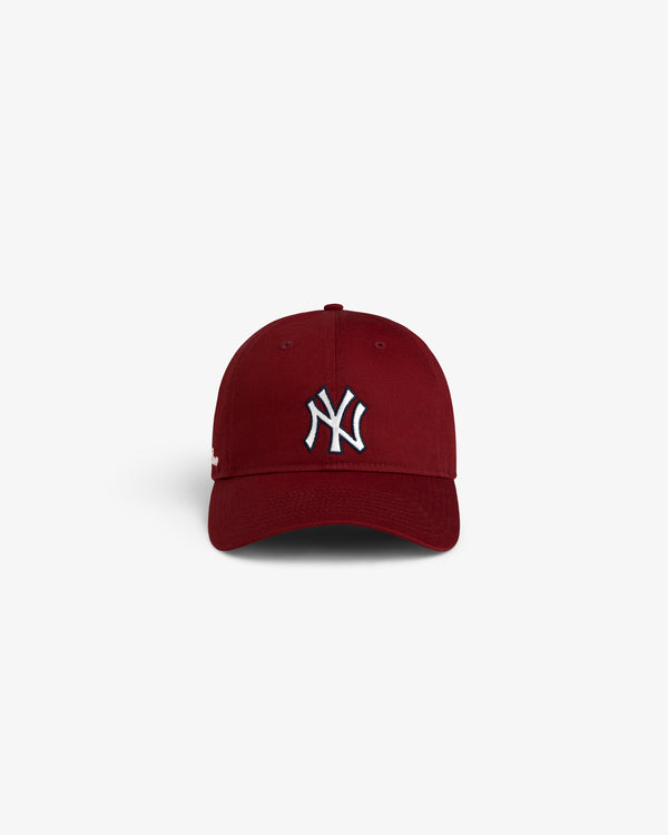 ALD / New Era Yankees Ballpark Hat: Burgundy cap with a white Yankees logo, shown on a plain background.