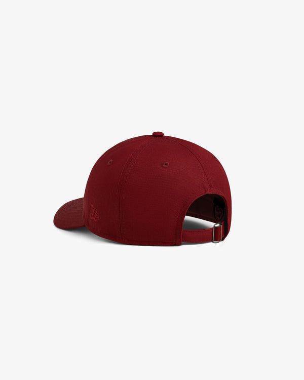 The ALD / New Era Yankees Ballpark Hat in maroon, shown from the back with adjustable strap and metal buckle.