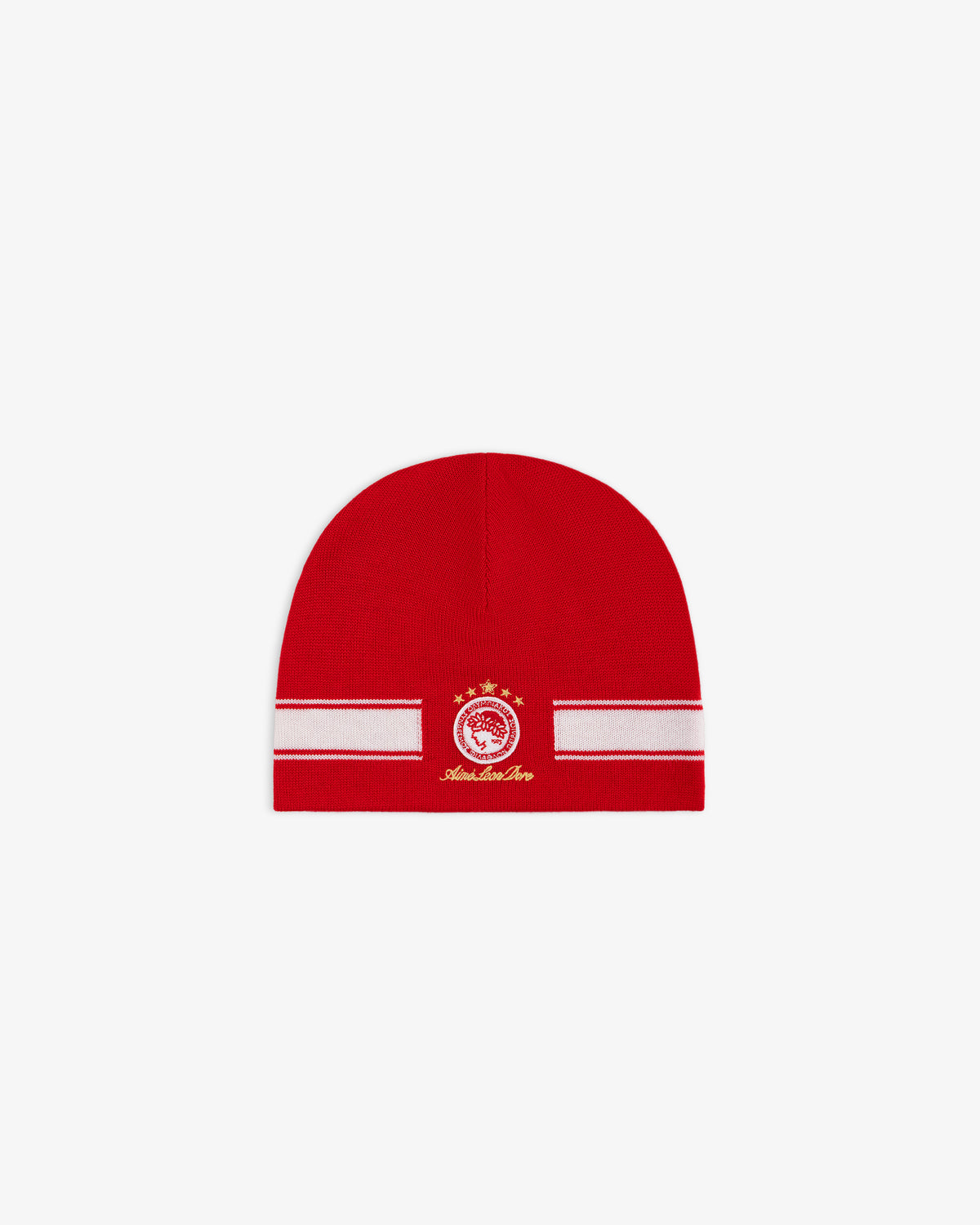 ALD / Olympiacos F.C. Stadium Beanie, a red beanie with a white horizontal stripe and a circular team crest in gold.