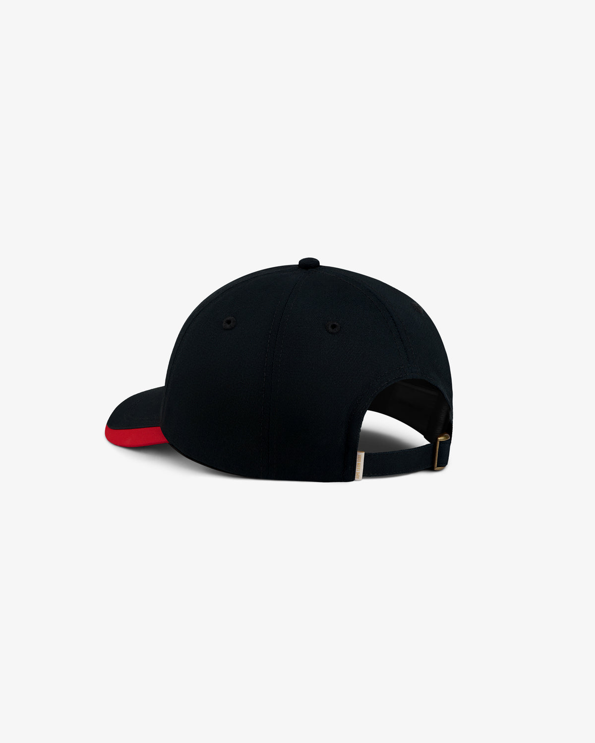 Back view of an ALD / Olympiacos F.C. Souvenir Hat, a black baseball cap with a red brim and adjustable gold-tone strap.