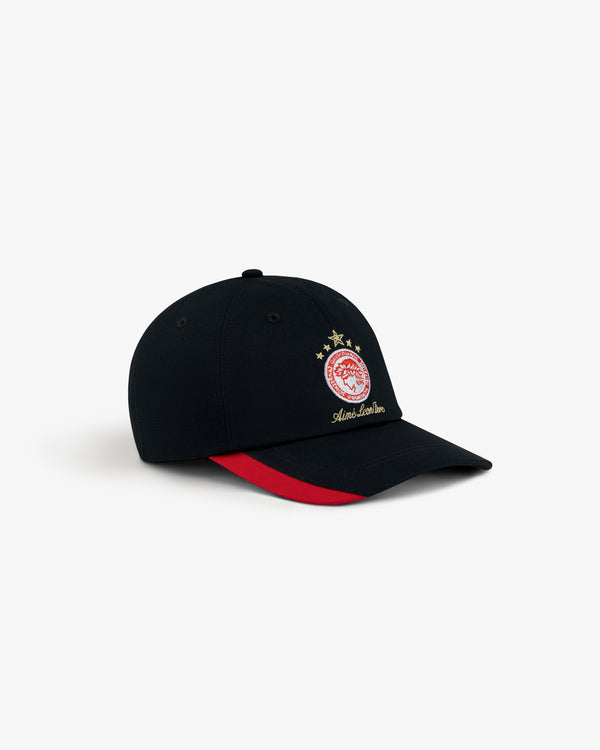 ALD / Olympiacos F.C. Souvenir Hat: a black baseball cap with a club crest, a gold star, and red trim under the brim.