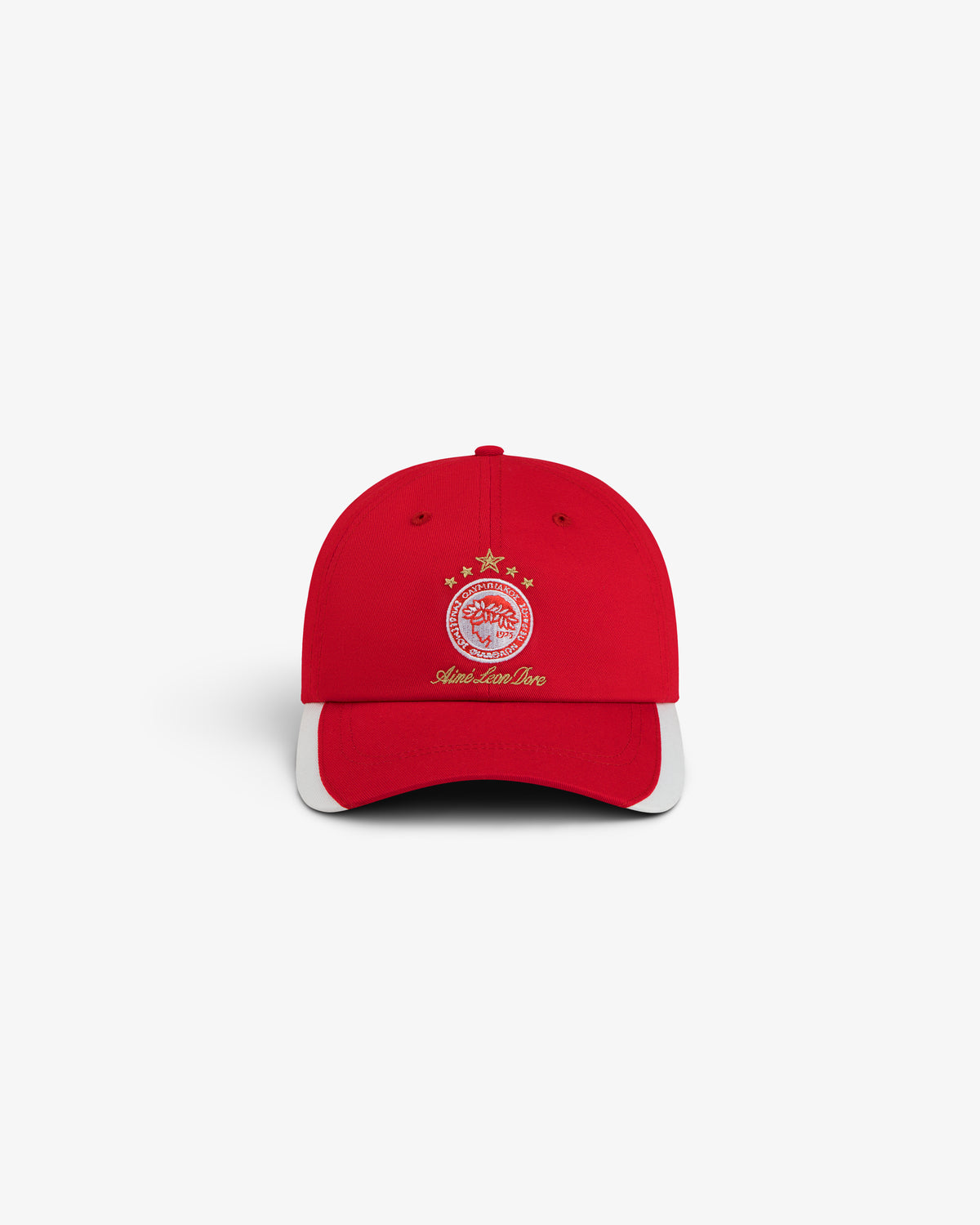 Red ALD / Olympiacos F.C. Souvenir Hat with a white brim edge and a gold embroidered crest on the front.