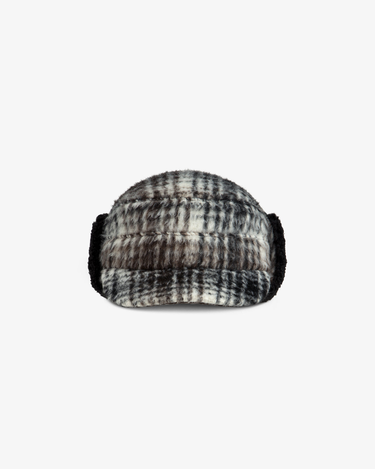Plaid Wool Hunting Hat in black and white with fold-down ear flaps.