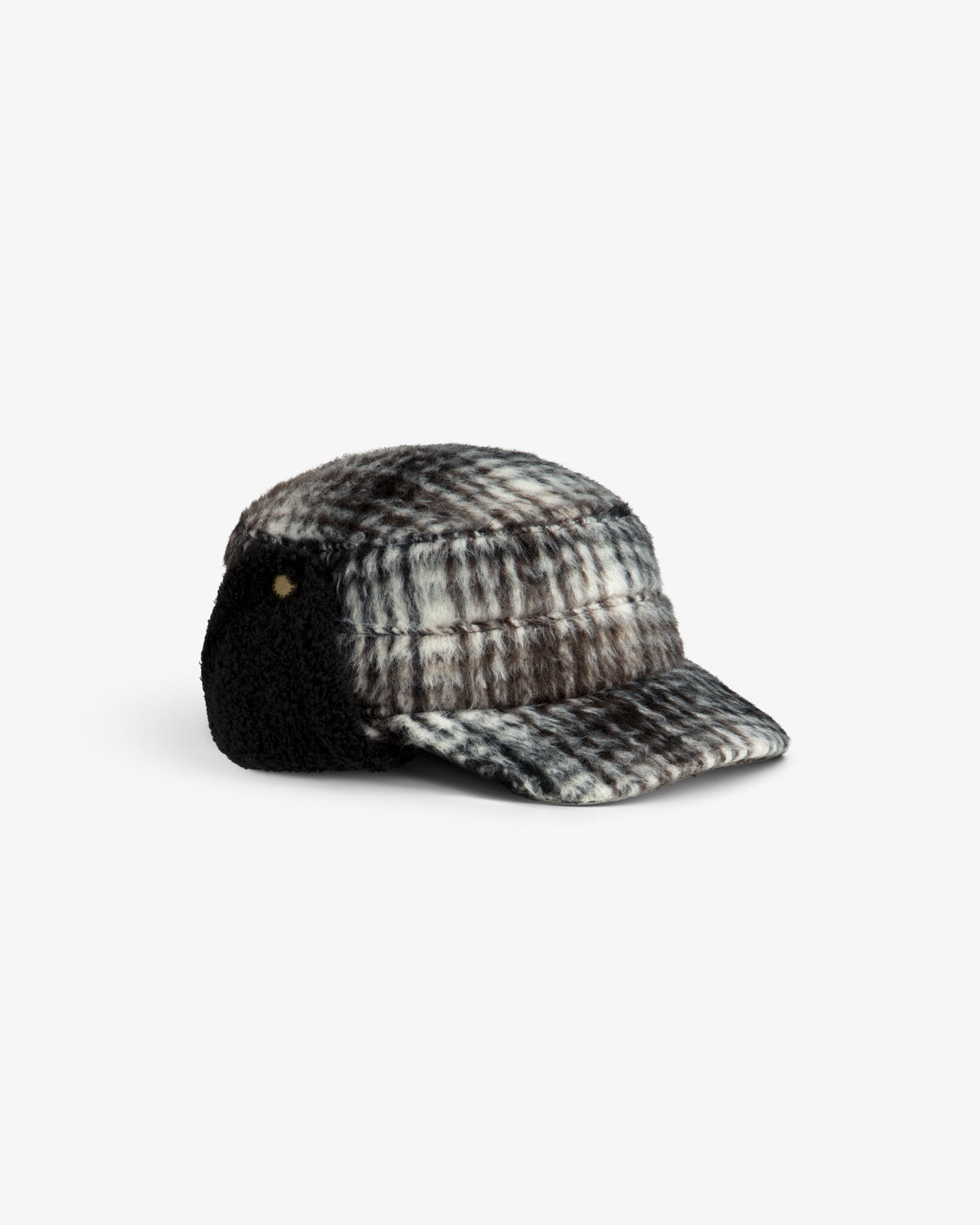 Plaid Wool Hunting Hat in black and white plaid with black ear flaps.