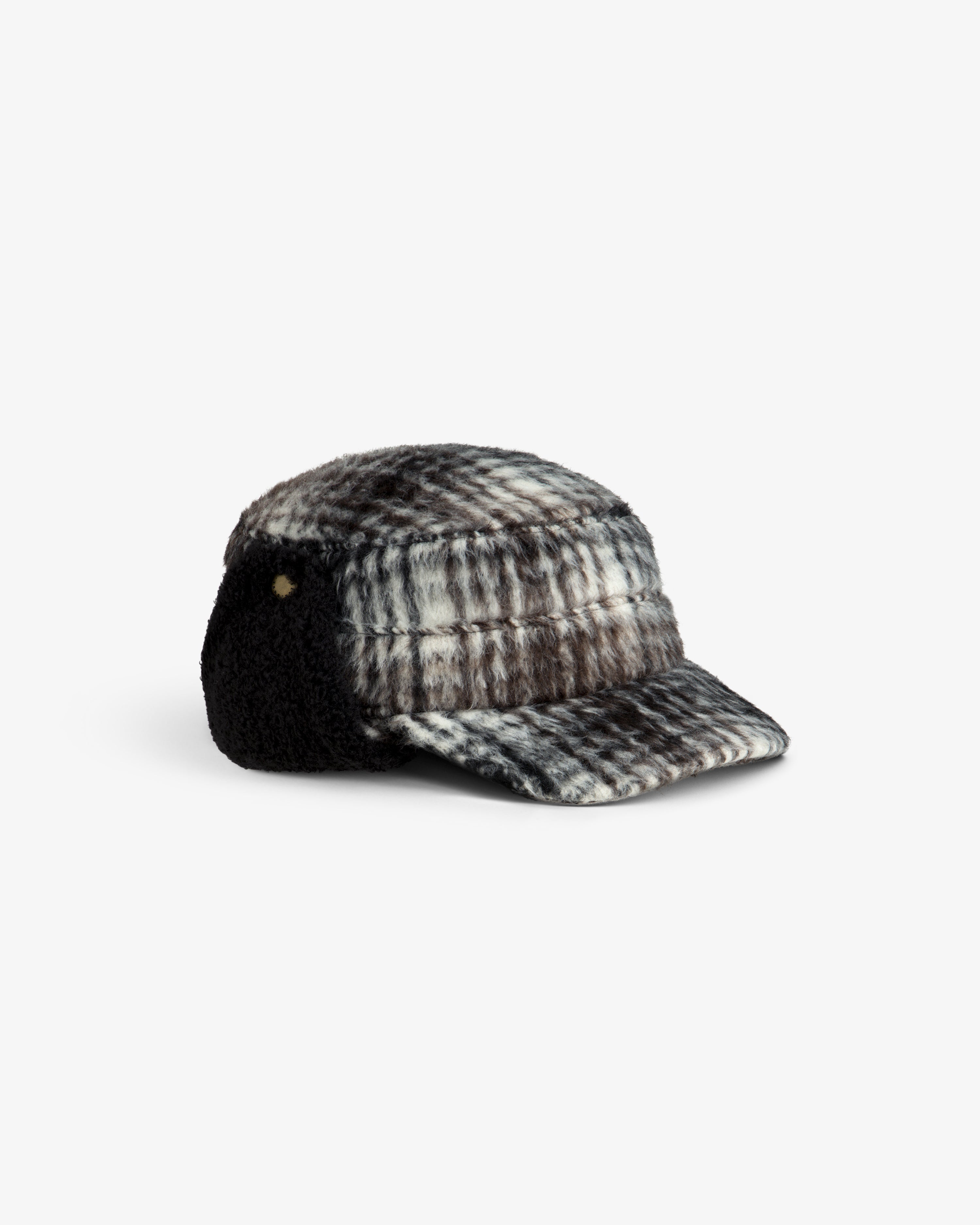 Plaid Wool Hunting Hat in black and white plaid with black ear flaps.