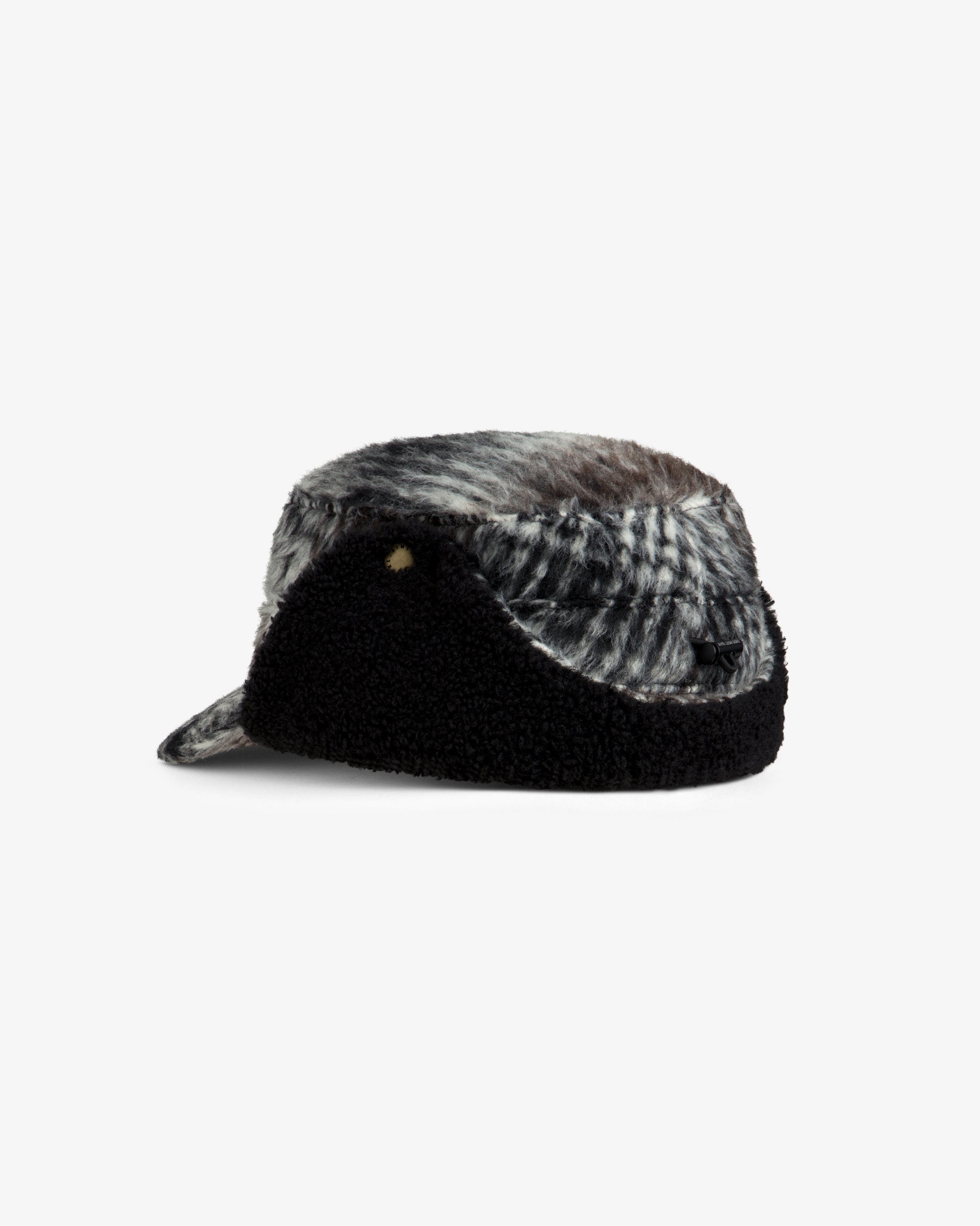 Fuzzy gray and black plaid Plaid Wool Hunting Hat with black ear flaps.