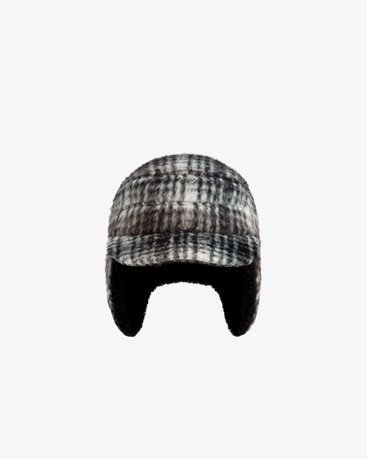 Plaid Wool Hunting Hat in gray and white with ear flaps and a short brim.