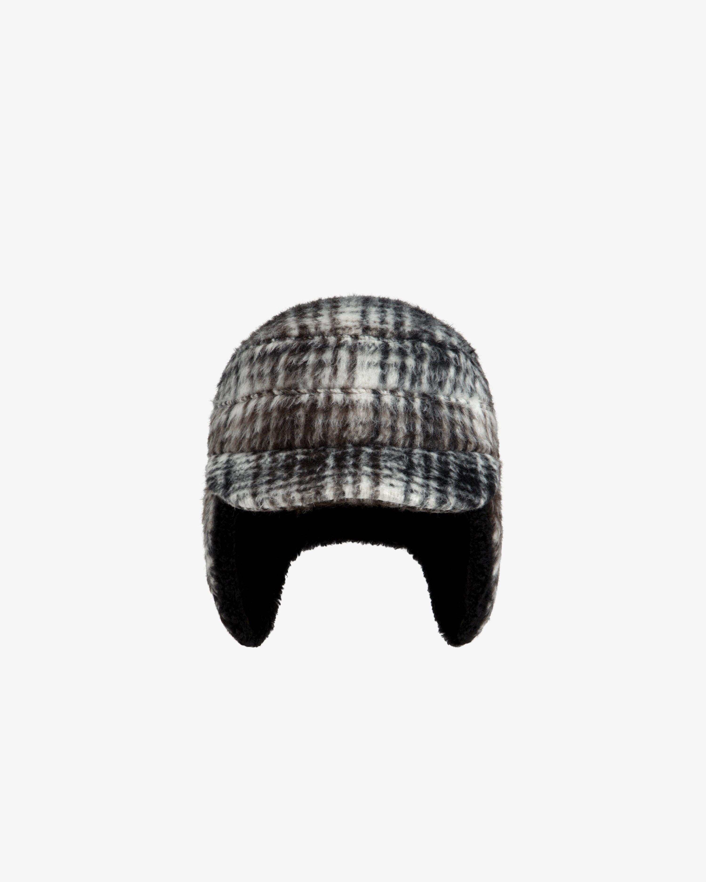 Plaid Wool Hunting Hat in gray and white with ear flaps and a short brim.