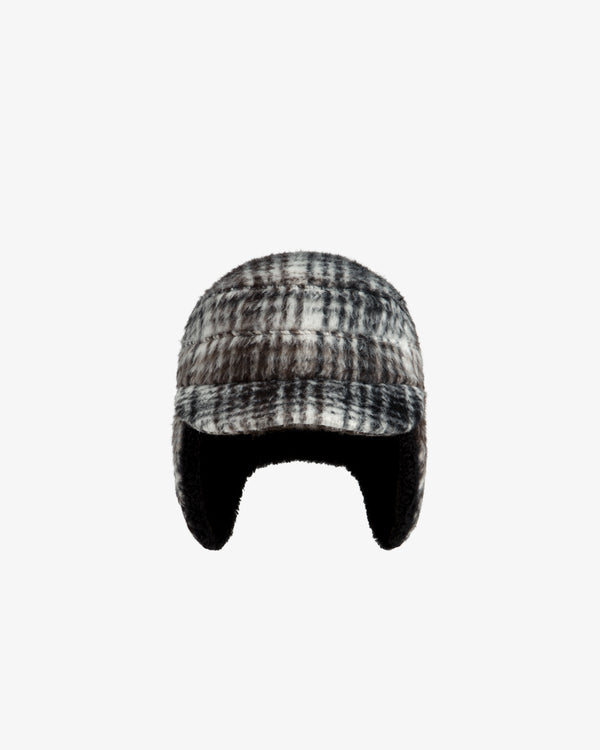 Plaid Wool Hunting Hat in gray and white with ear flaps and a short brim.