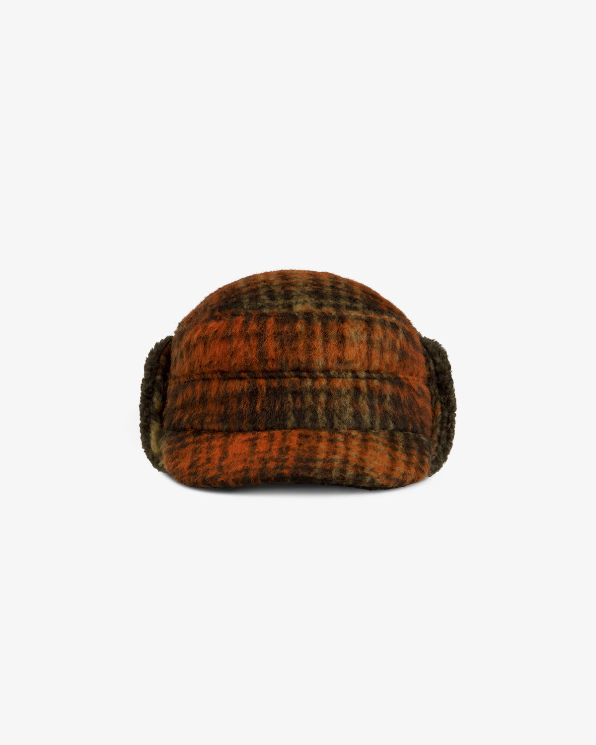 Plaid Wool Hunting Hat in brown and orange with side ear flaps.