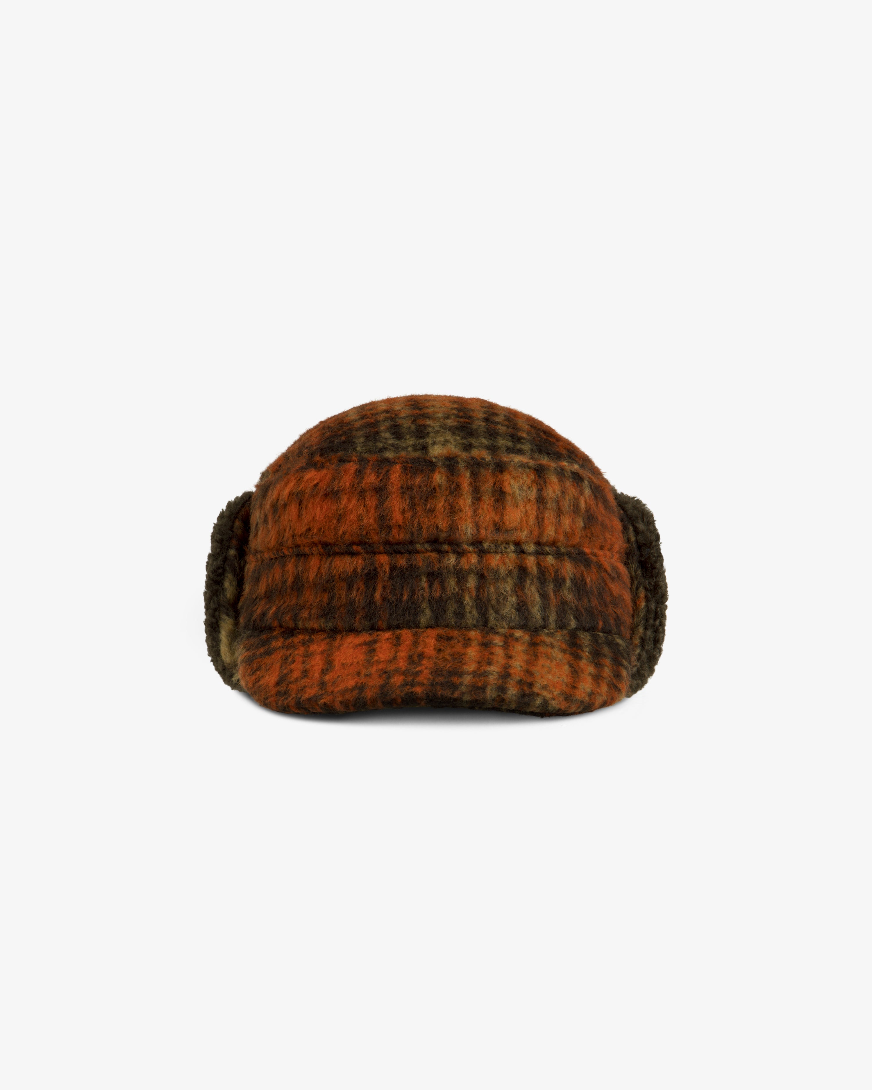 Plaid Wool Hunting Hat in brown and orange with side ear flaps.