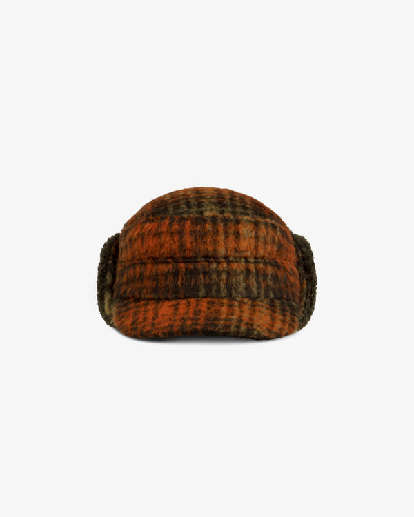 Plaid Wool Hunting Hat in brown and orange with side ear flaps.