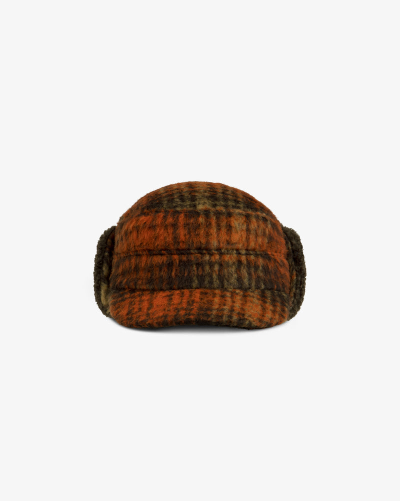 Plaid Wool Hunting Hat in brown and orange with side ear flaps.