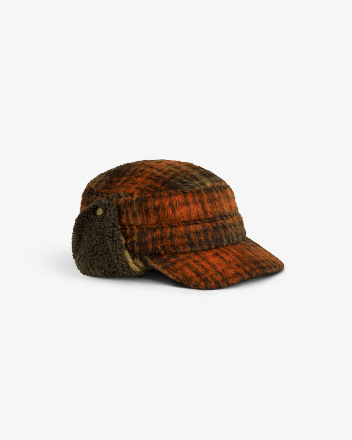 Plaid Wool Hunting Hat in orange and brown with earflaps.