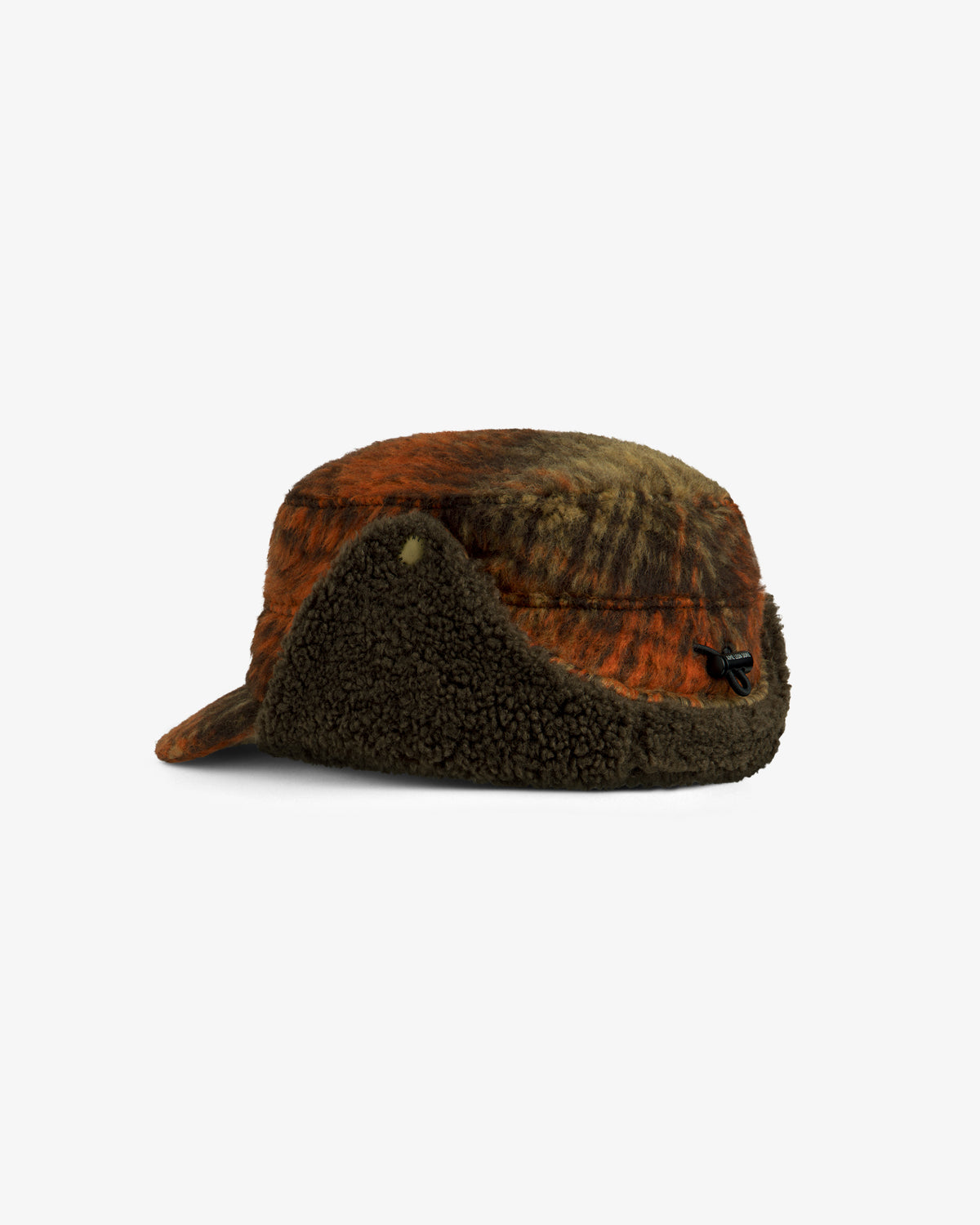 Plaid Wool Hunting Hat in orange and brown with fleece-lined ear flaps and a back drawstring adjustment.