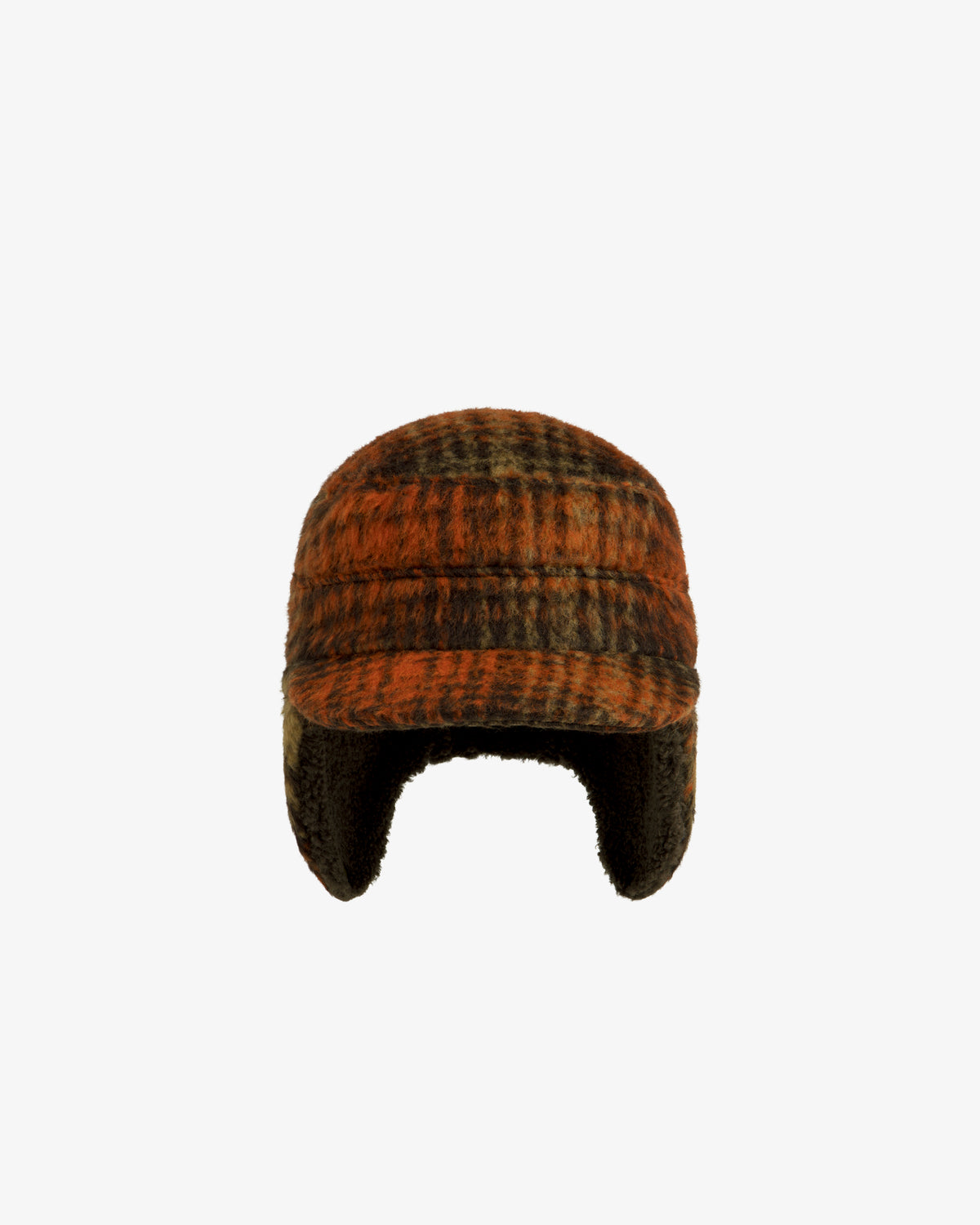 Plaid Wool Hunting Hat in orange and black with ear flaps.