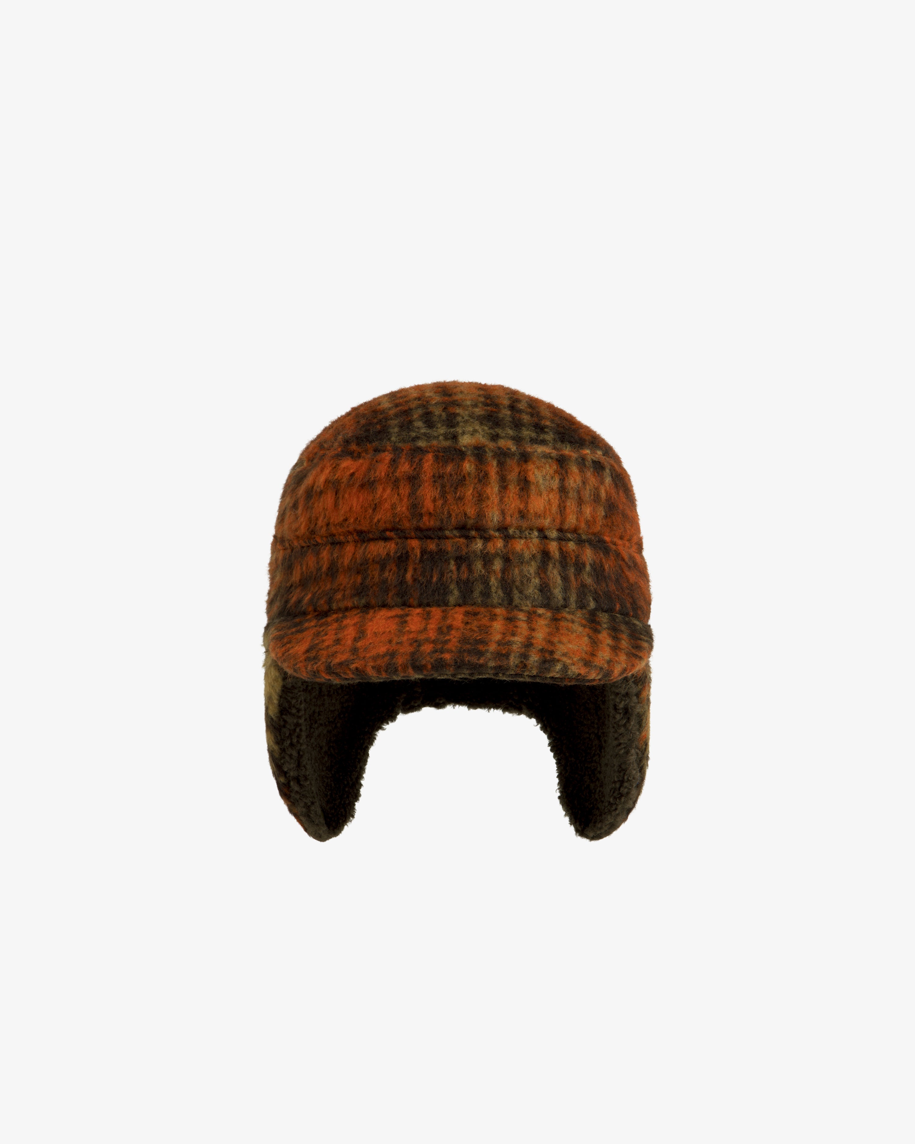 Plaid Wool Hunting Hat in orange and black with ear flaps.
