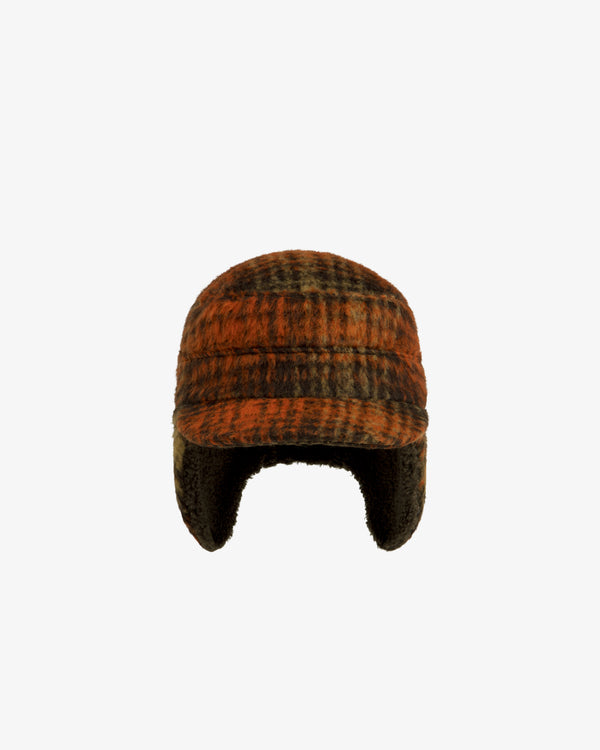 Plaid Wool Hunting Hat in orange and black with ear flaps.