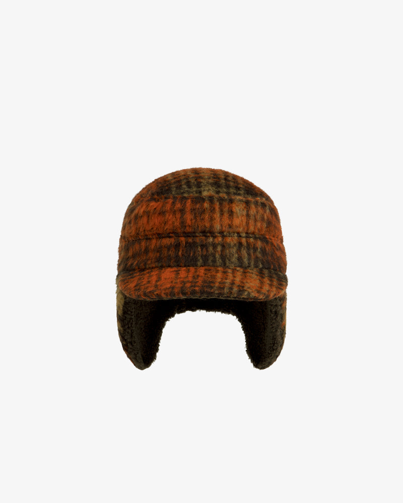 Plaid Wool Hunting Hat in orange and black with ear flaps.