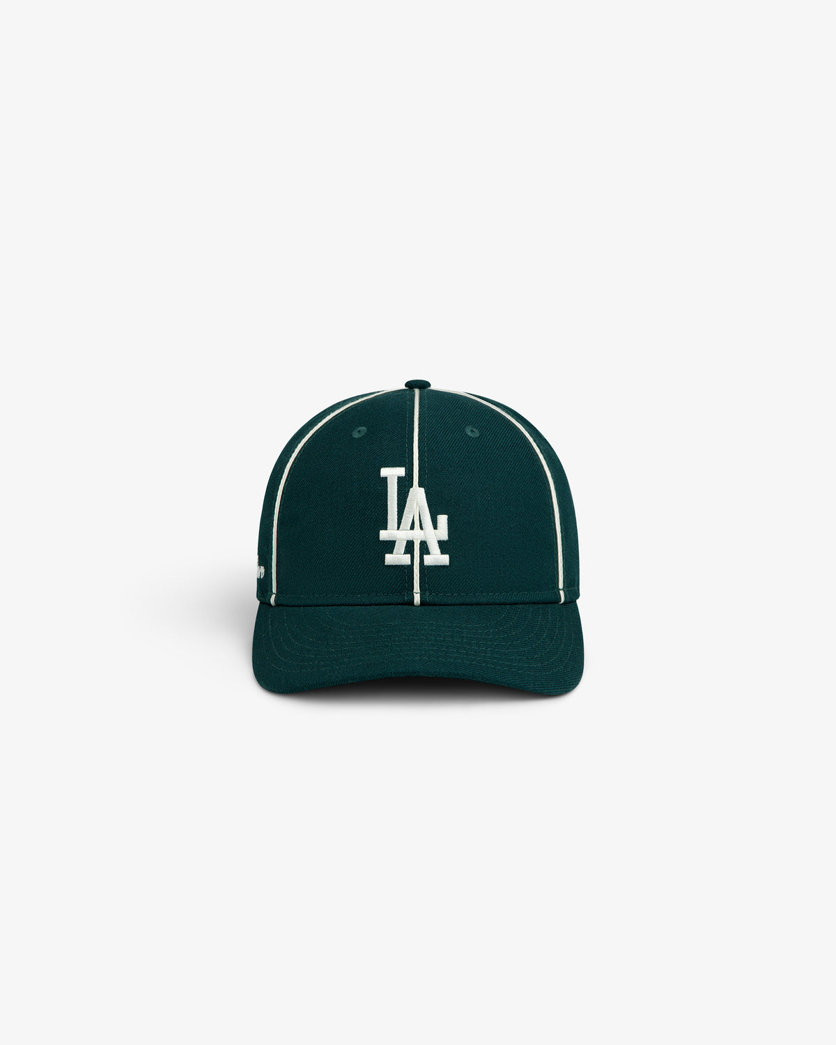 ALD / New Era Dodgers Wool Hat in dark green with a white LA logo and white piping along the crown seams.