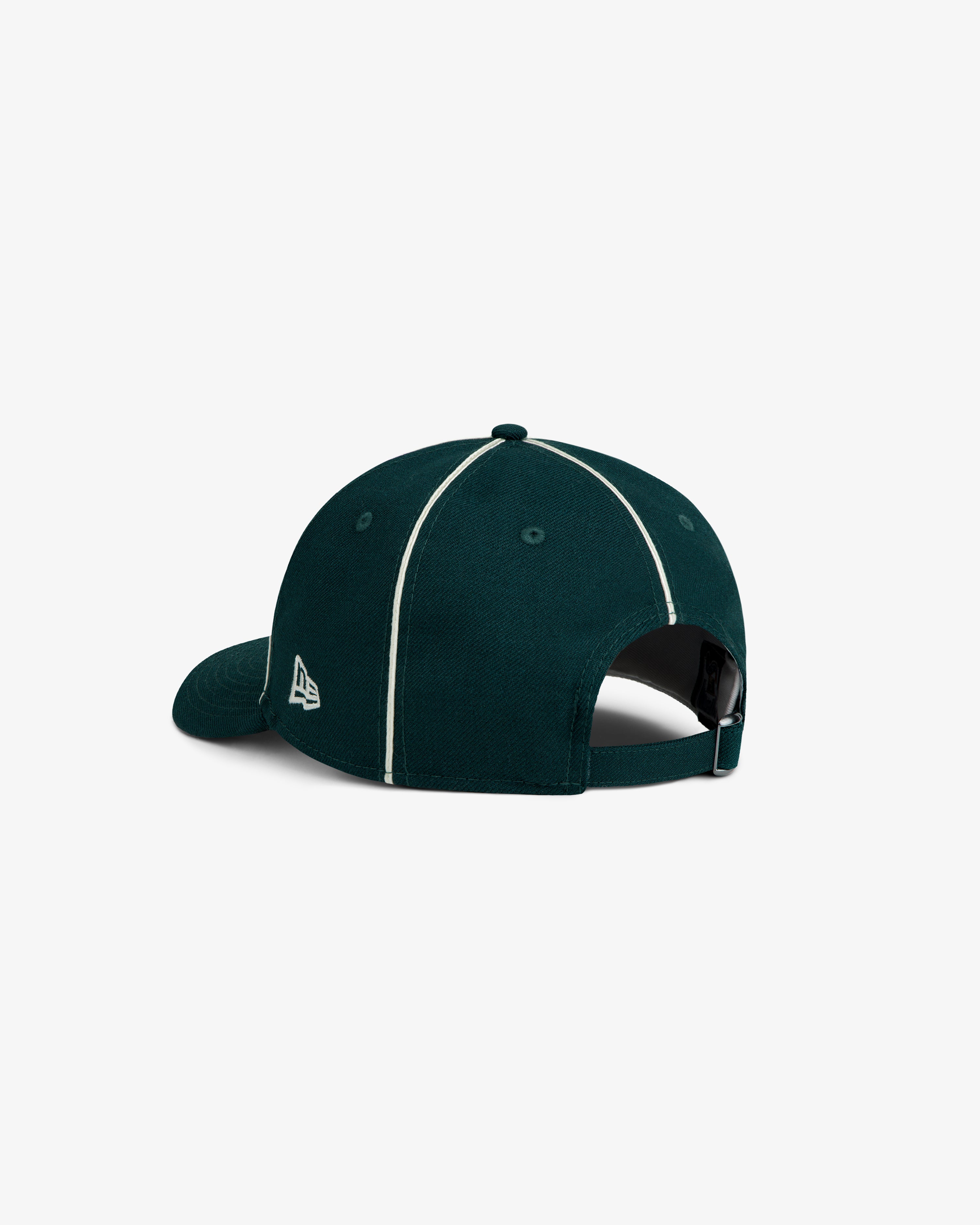 ALD / New Era Dodgers Wool Hat in dark green with white piping along the seams and an adjustable back strap.