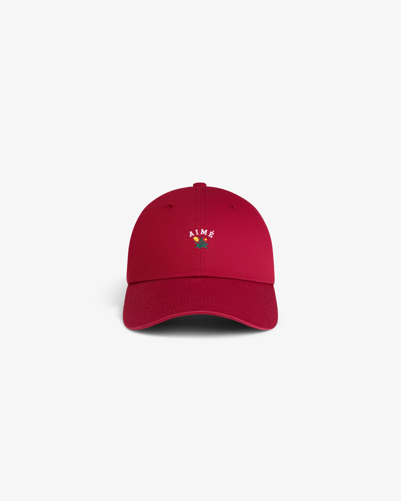 Crest Logo Hat in red with AIME and small flower embroidery on front, shown against a white background.