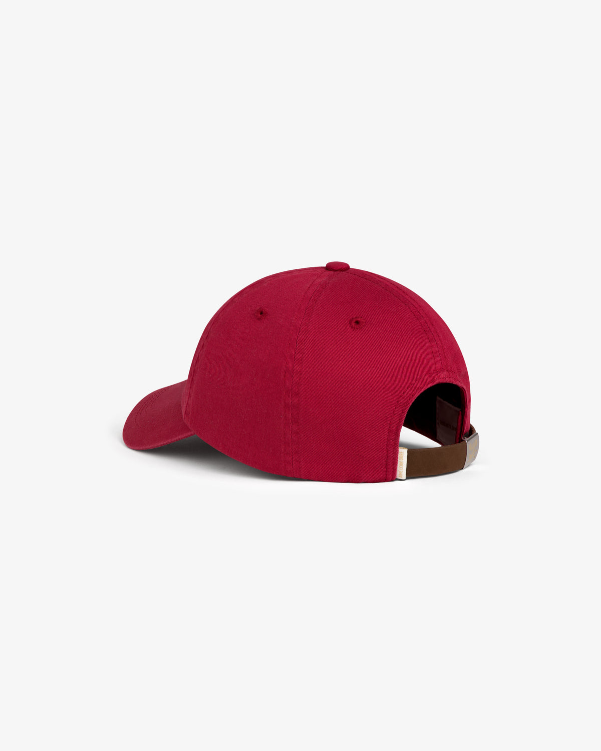 Crest Logo Hat in red, shown from the back with adjustable strap and metal clasp.