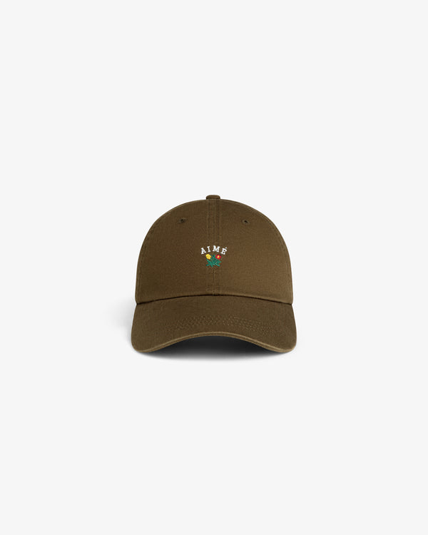 Brown Crest Logo Hat with AIME and a small colorful flower embroidered on the front, shown on a white background.
