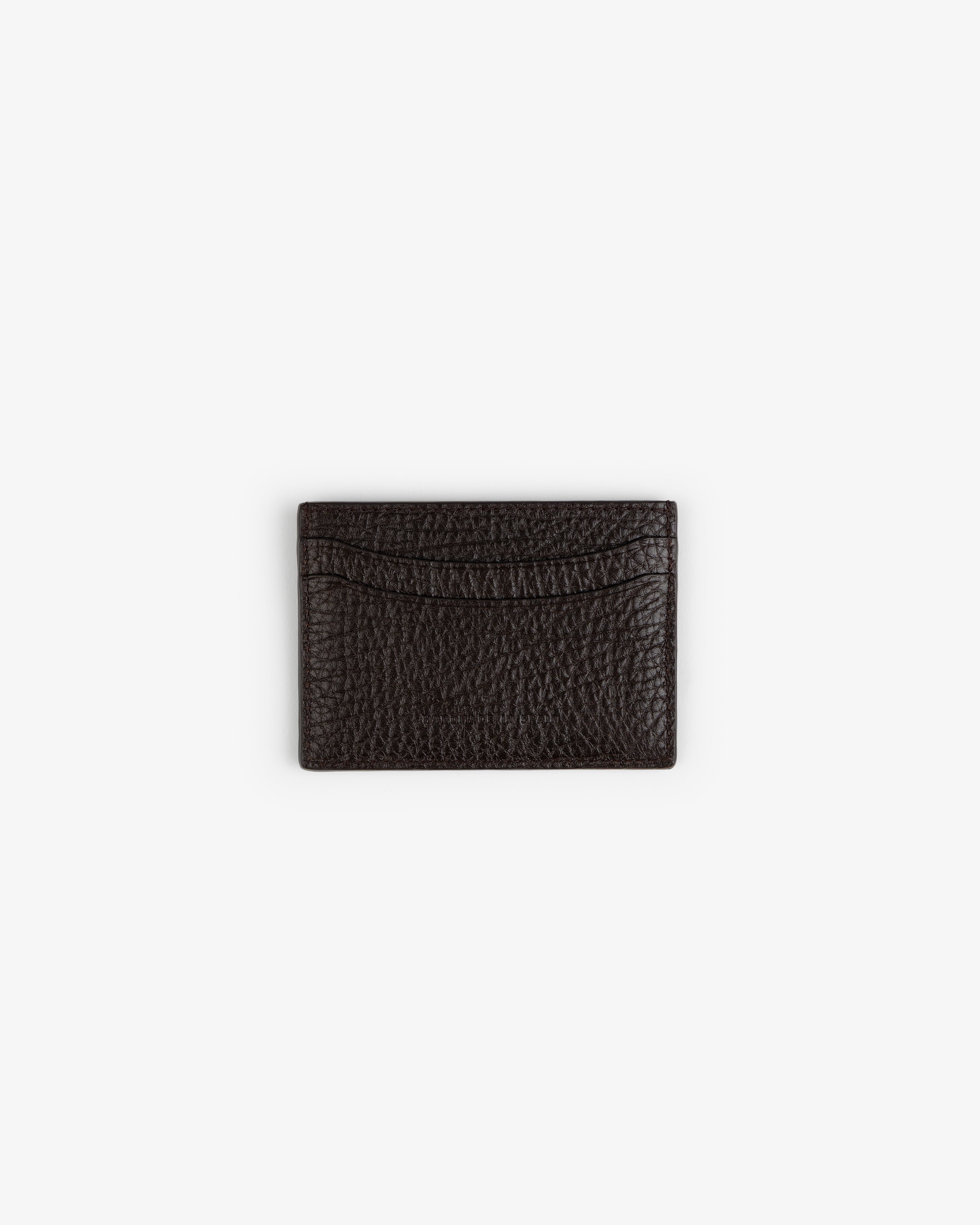 Tumbled Leather Card Holder in dark brown with textured finish, single curved slot, shown on a white background.